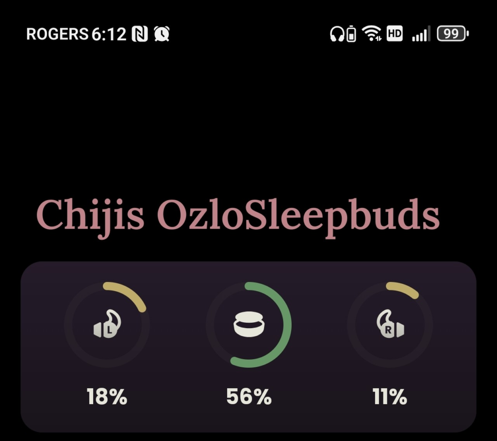 Ozlo Sleepbuds battery view, earbuds used 2nd time (1st charge session).