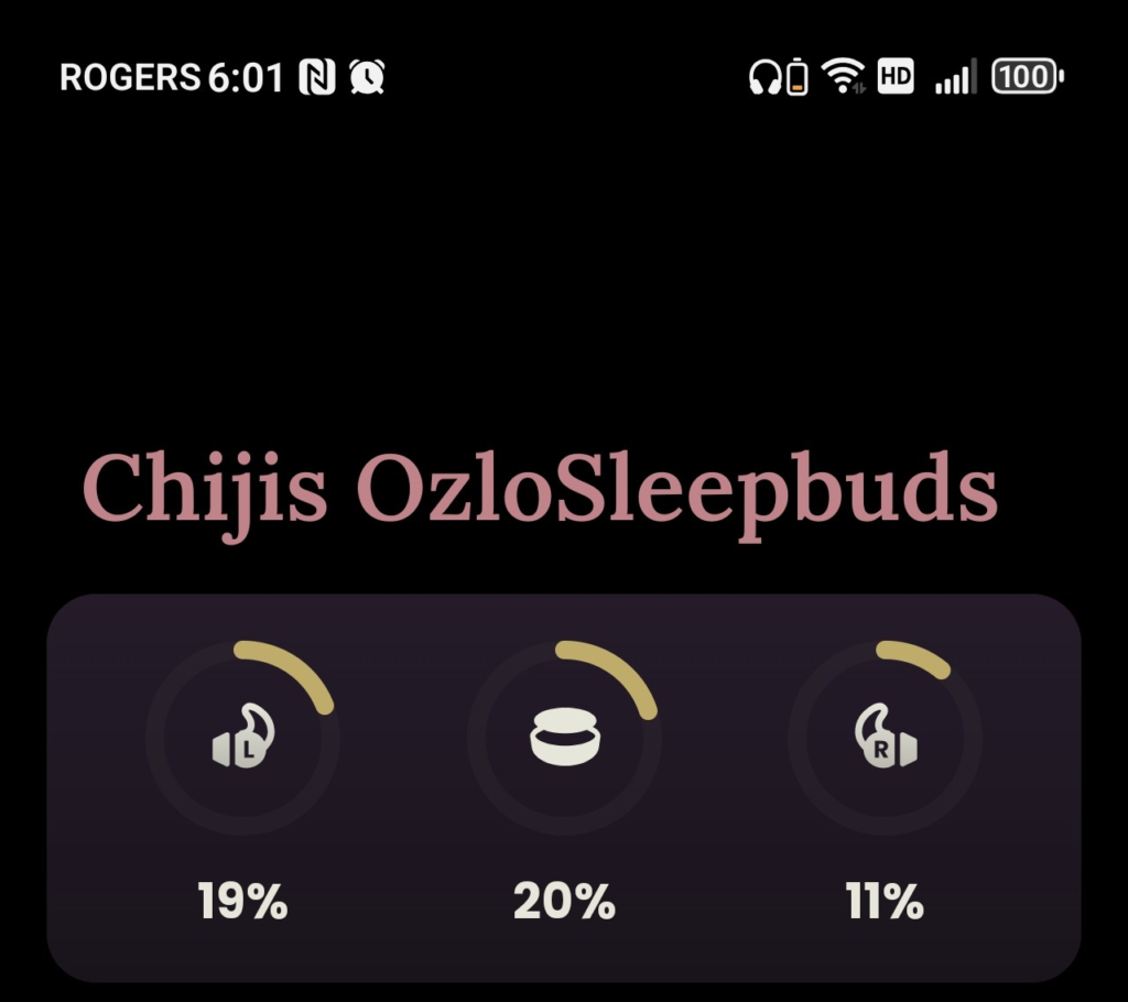 Ozlo Sleepbuds battery view, earbuds used 3rd time (no charge session).
