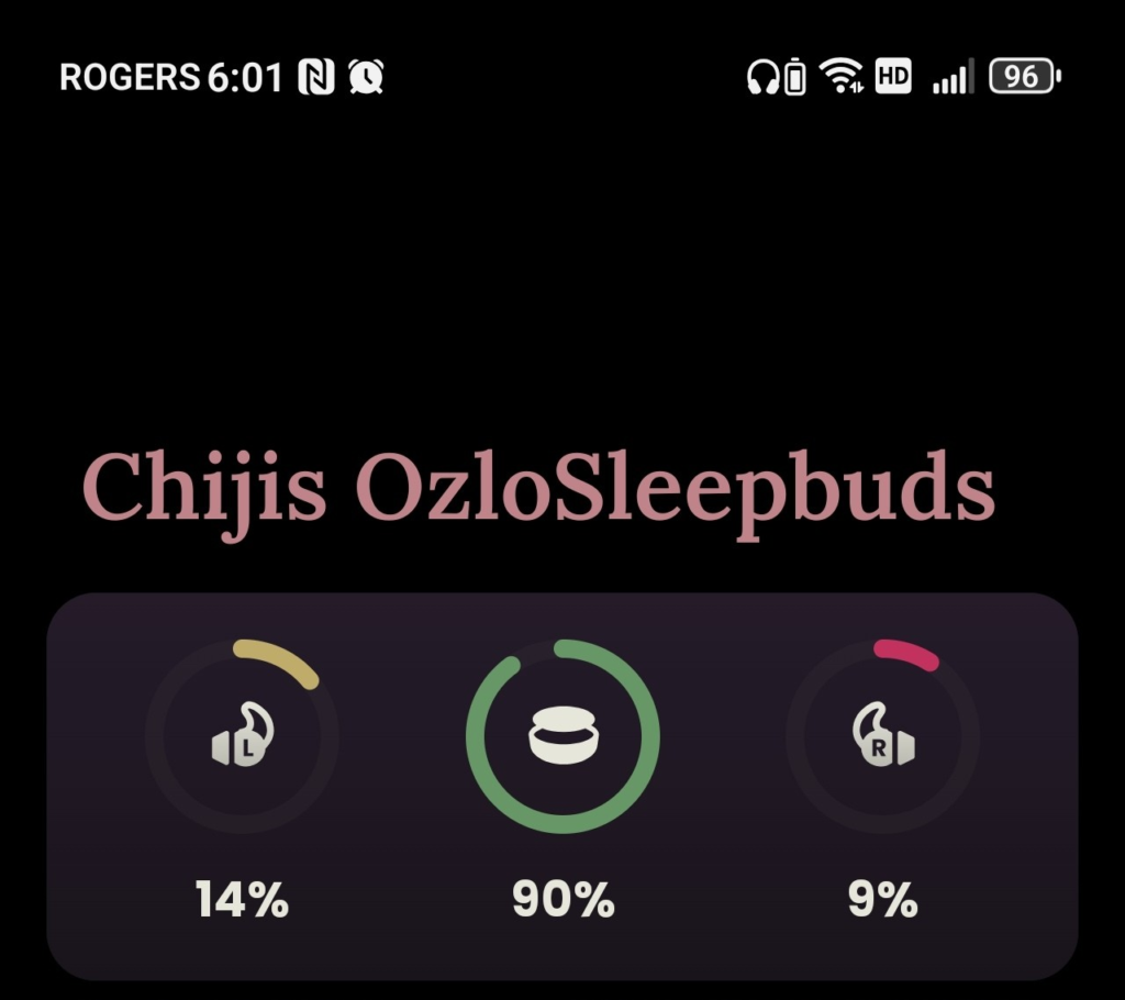 Ozlo Sleepbuds battery view, earbuds used 1st time (no charge session).