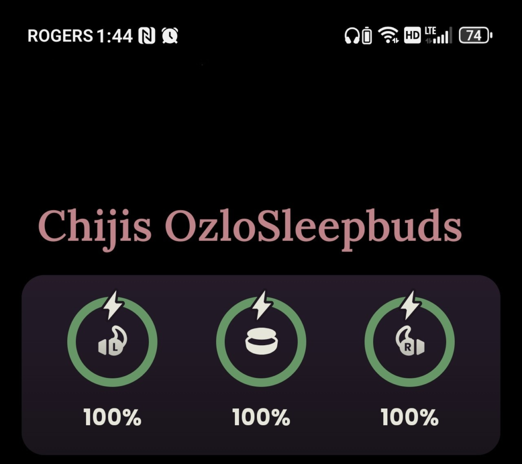 Ozlo Sleepbuds battery view with full charge.