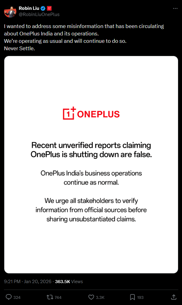 OnePlus india ceo response to the rumour.