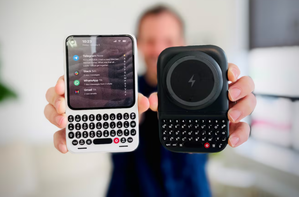 Jeff Gadway Co-founder Clicks holds the new communicator.