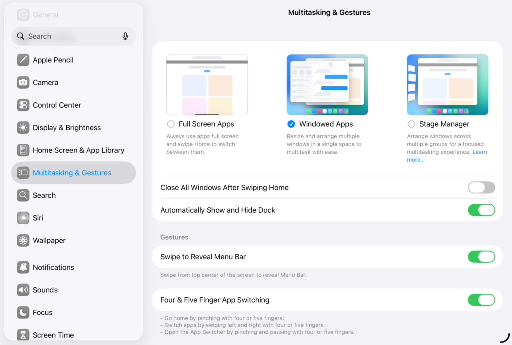multitasking options in the settings.