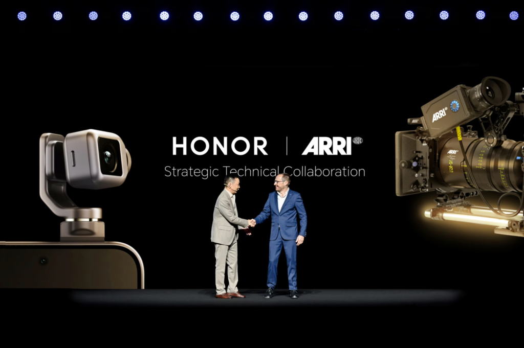 smartphone camera partnerships - HONOR CEO James Li (left) and ARRI MD David Bermbach (right) at the MWC 2026 announcement.