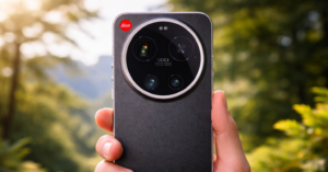 A Xiaomi 17 ultra global version phone in rear view with the camera island in focus (AI-generated).