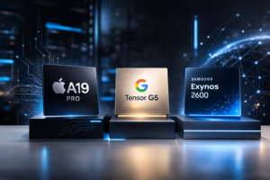 Images of proprietary chipsets from Apple, Google, and Samsung (AI-Generated). .