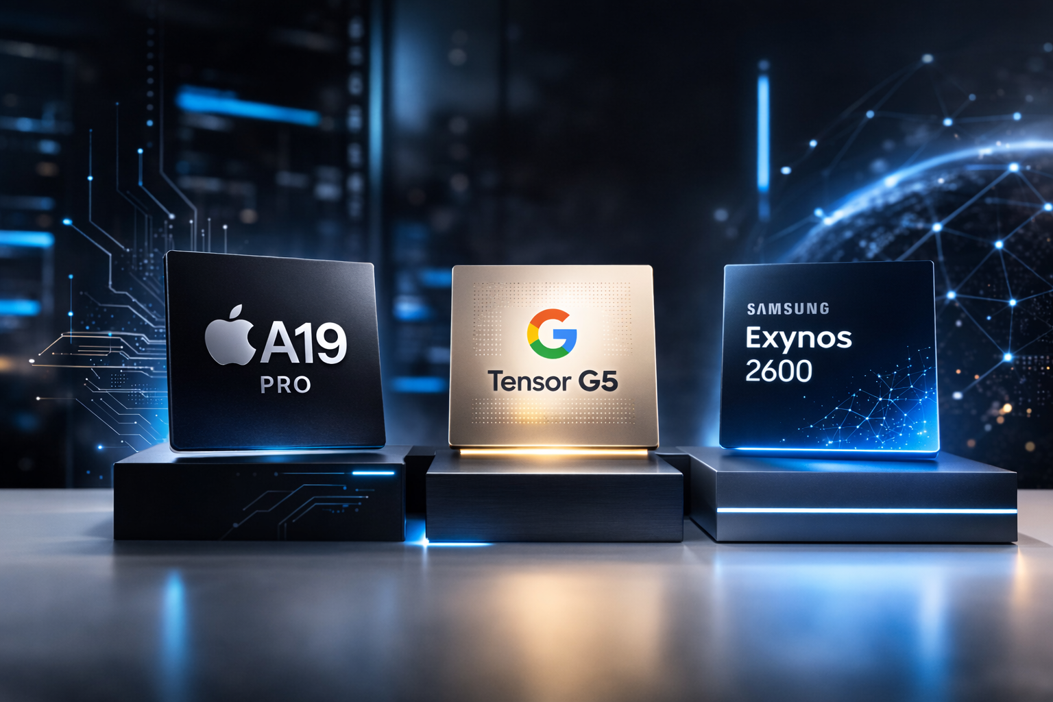 Images of proprietary chipsets from Apple, Google, and Samsung (AI-Generated). .