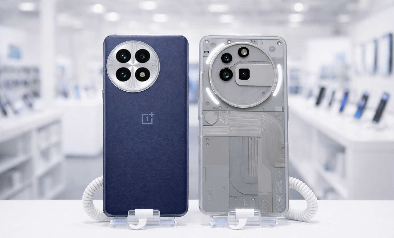 OnePlus and Nothing phones in hand at a tech store (AI-Generated). Global smartphones in North America.